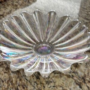 Vintage 11.25” Fostoria Art Glass Iridescent Rainbow Bowl Starburst Celestial